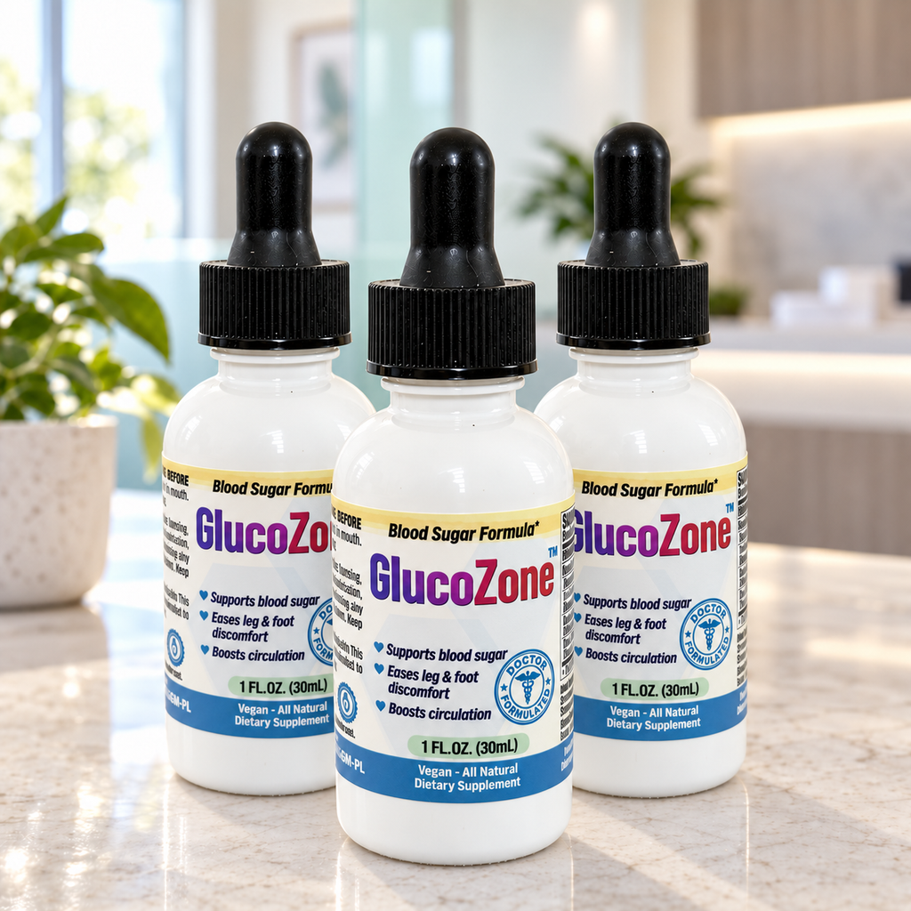 GlucoZone 3-bottle package arranged on a light counter in a bright clinic-inspired setting.