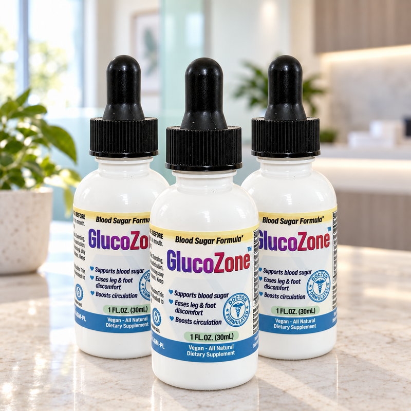 GlucoZone 3-bottle package in a bright clinic-inspired setting.