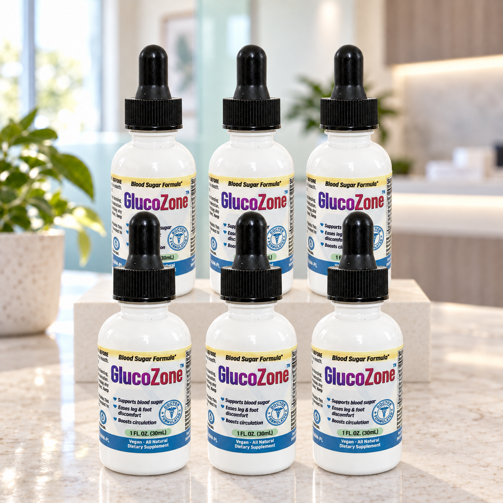 GlucoZone 6-bottle package arranged on a light counter in a bright clinic-inspired setting.