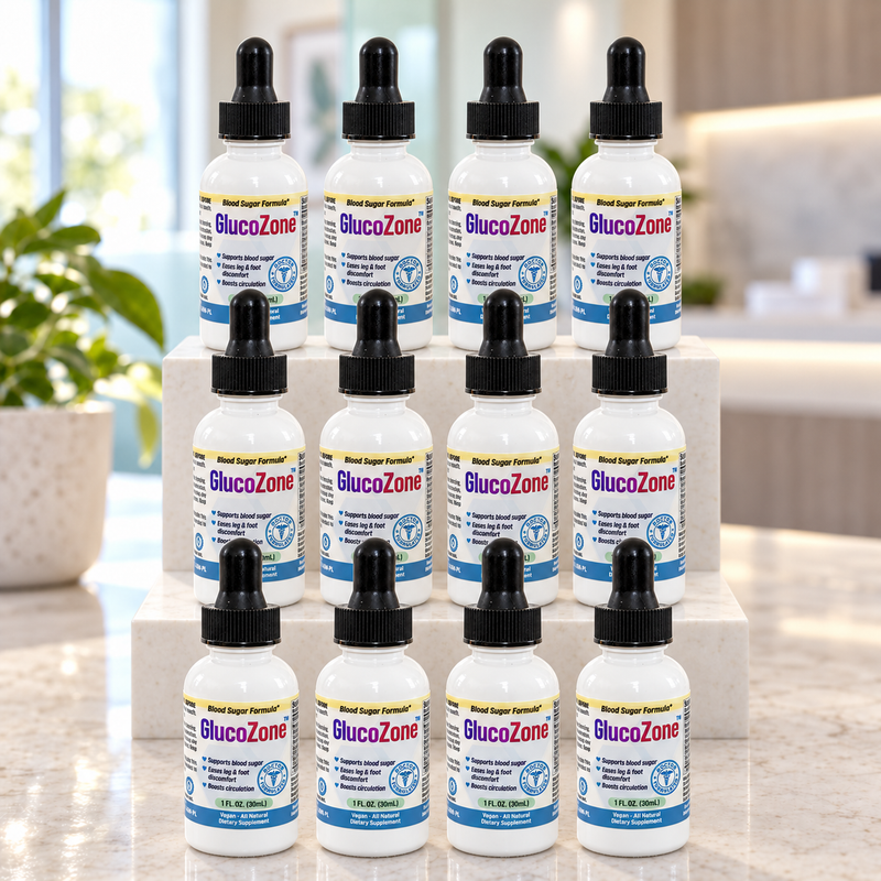 GlucoZone 12-bottle package in a bright clinic-inspired setting.