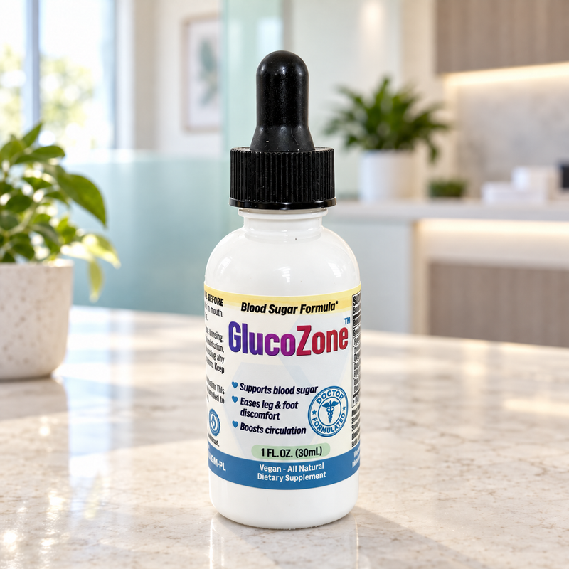 GlucoZone 1-bottle package in a bright clinic-inspired setting.